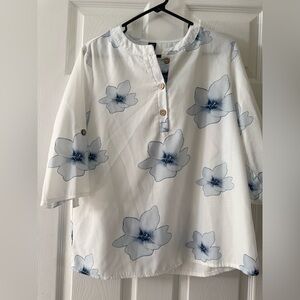 Floral Button-Up Blouse - White and Blue
